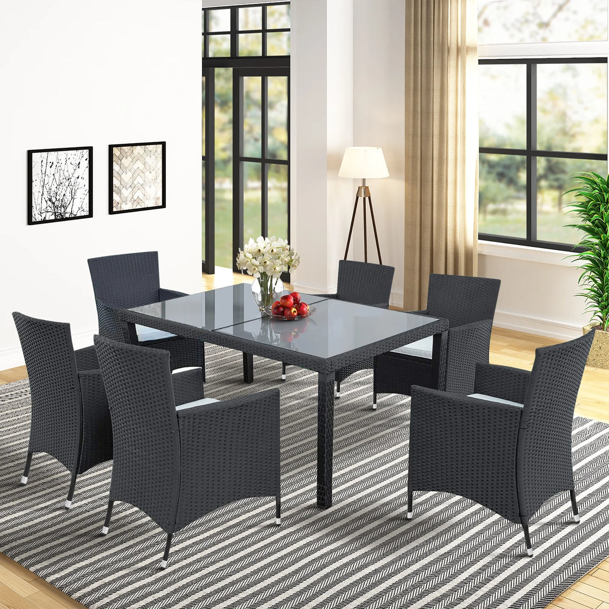 Outdoor PE Rattan Wicker Dining Set of 7 with 6 Chairs H100