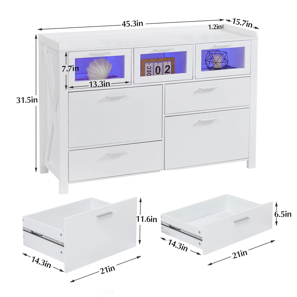 3-Piece Bedroom Set with 7 Drawers LED Dresser and 2 Nightstands, White I6316