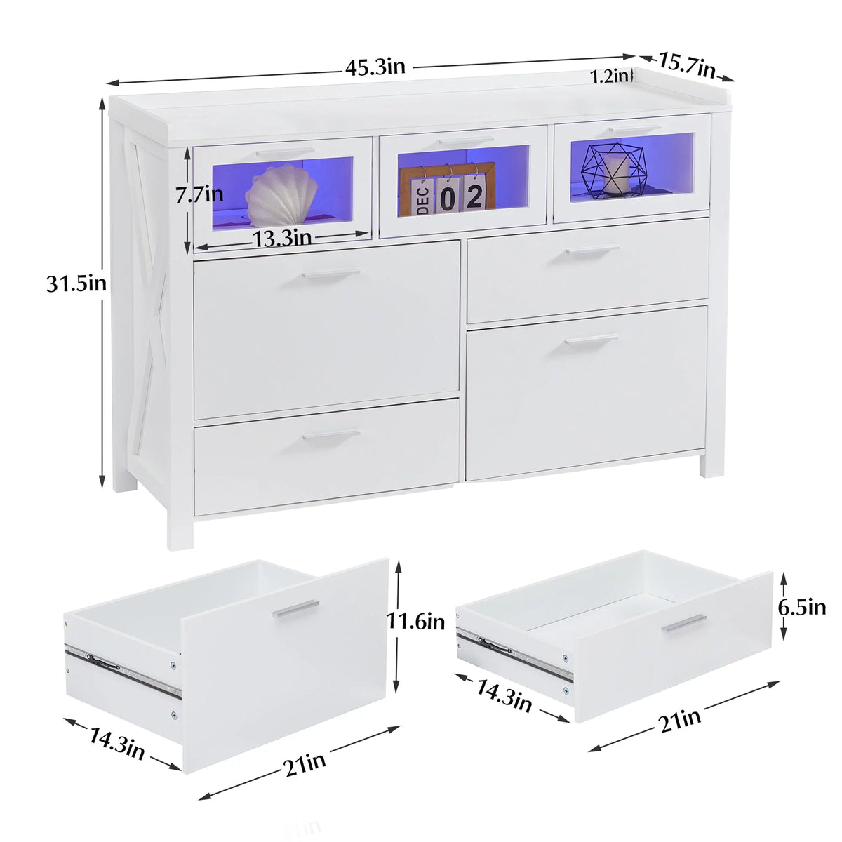 3-Piece Bedroom Set with 7 Drawers LED Dresser and 2 Nightstands, White I6316