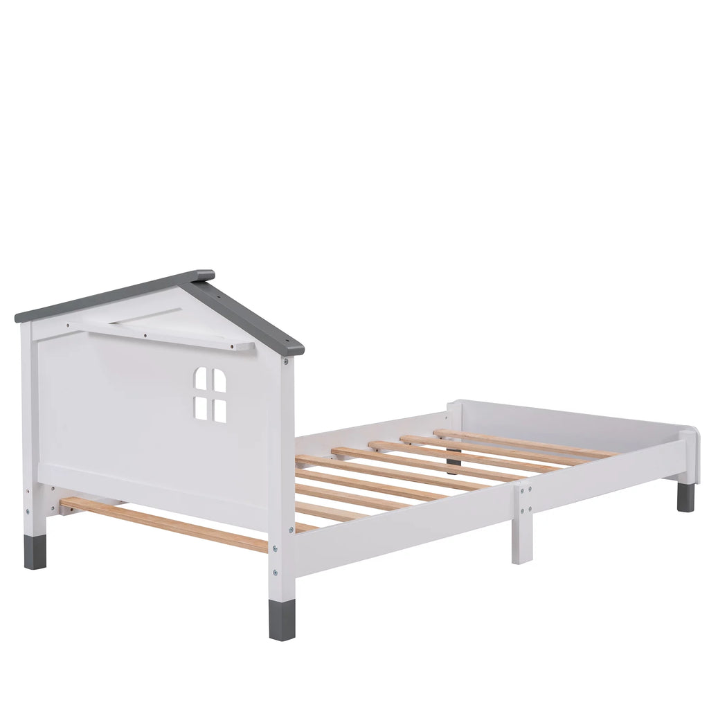 White Gray Twin Size Solid Wood Platform Bed with House-shaped Headboard A716216
