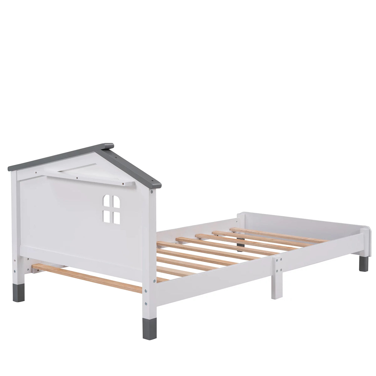White Gray Twin Size Solid Wood Platform Bed with House-shaped Headboard A716216