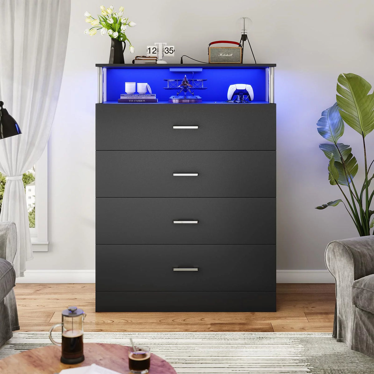 Black 6 Drawer Dresser with Charging Station and LED Light I969804