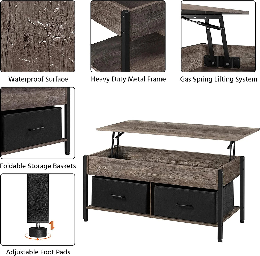 41 Inch Lift Top Coffee Table with Hidden Storage and 2 Fabric Baskets Q4144