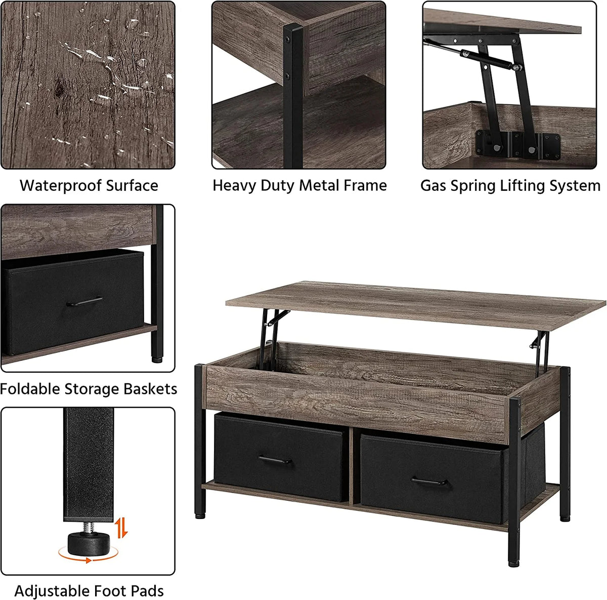 41 Inch Lift Top Coffee Table with Hidden Storage and 2 Fabric Baskets Q4144