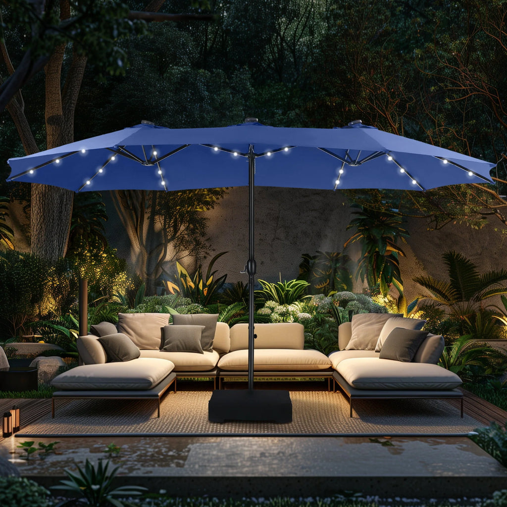 15ft Double-Sided Patio Umbrella with Solar Lights & Base U71371