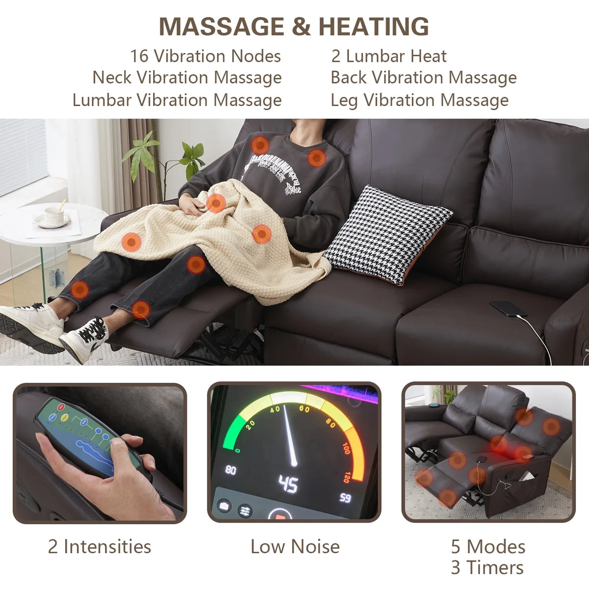 Brown 3 Seater Power Recliner with Massage and Heat I3282
