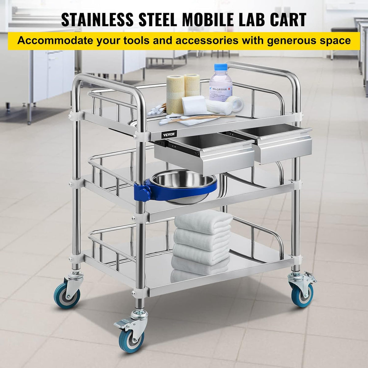 3 Layer Stainless Steel Lab Cart with Drawers W748497