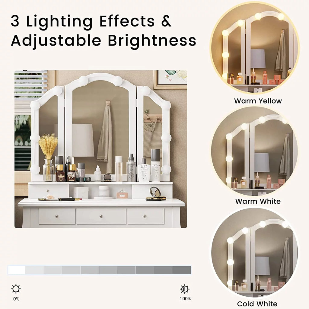 White Vanity Table Set with Lighted Tri-Fold Mirror and Stool U822512