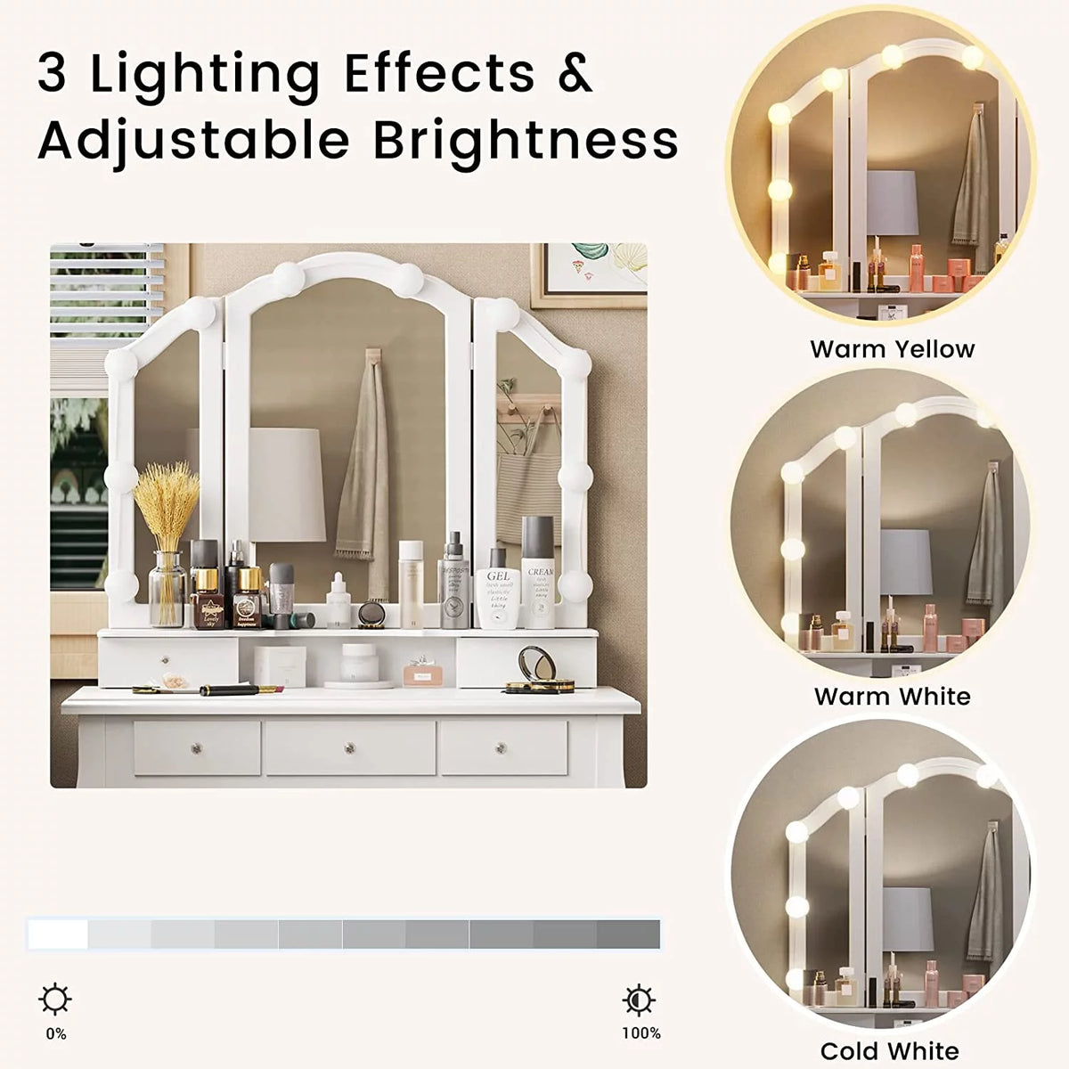 White Vanity Table Set with Lighted Tri-Fold Mirror and Stool U822512