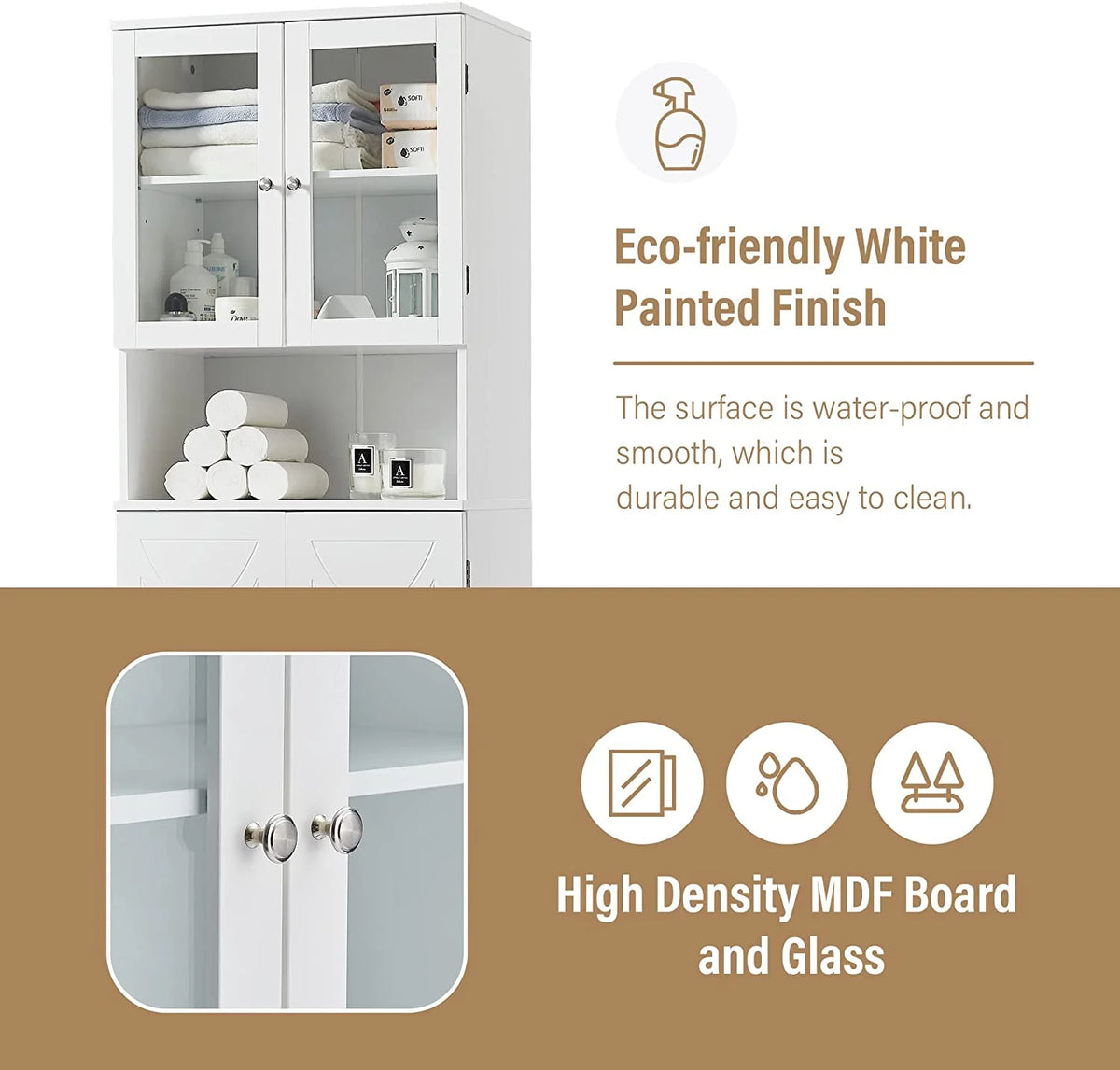 White Bathroom Storage Cabinet with Glass Doors and Adjustable Shelves D392