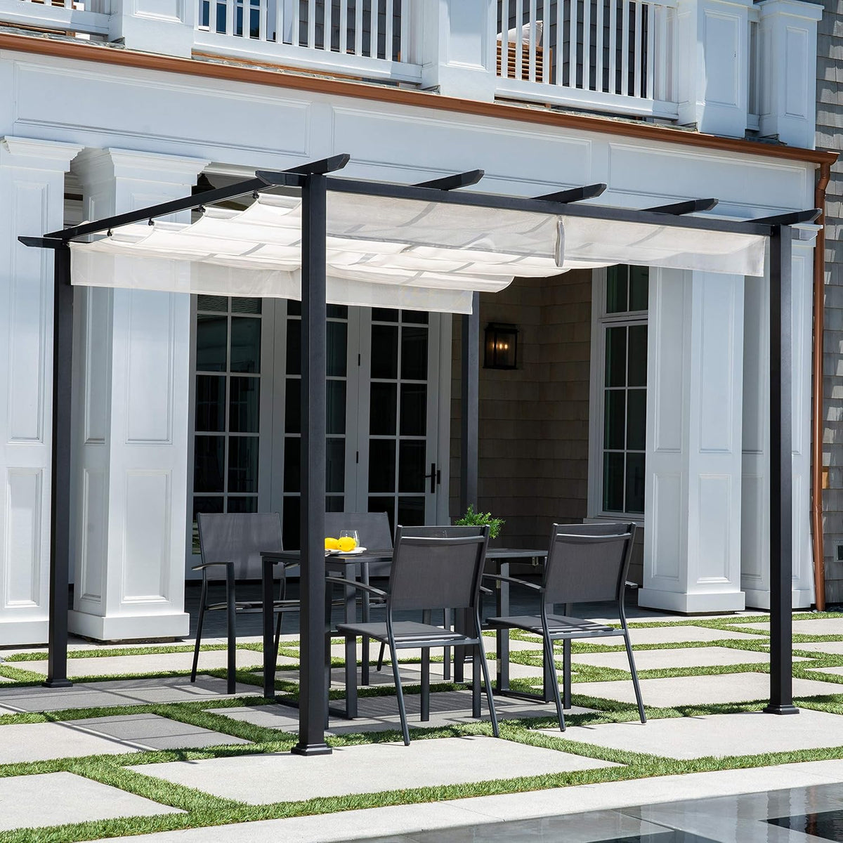 Aluminum and Steel Pergola with Adjustable Sling Canopy Z924581