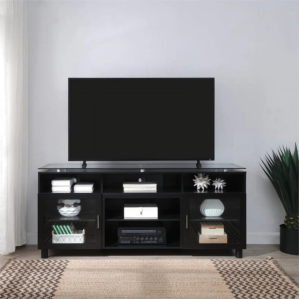 72" Black Engineered Wood TV Stand with Tempered Glass R15181