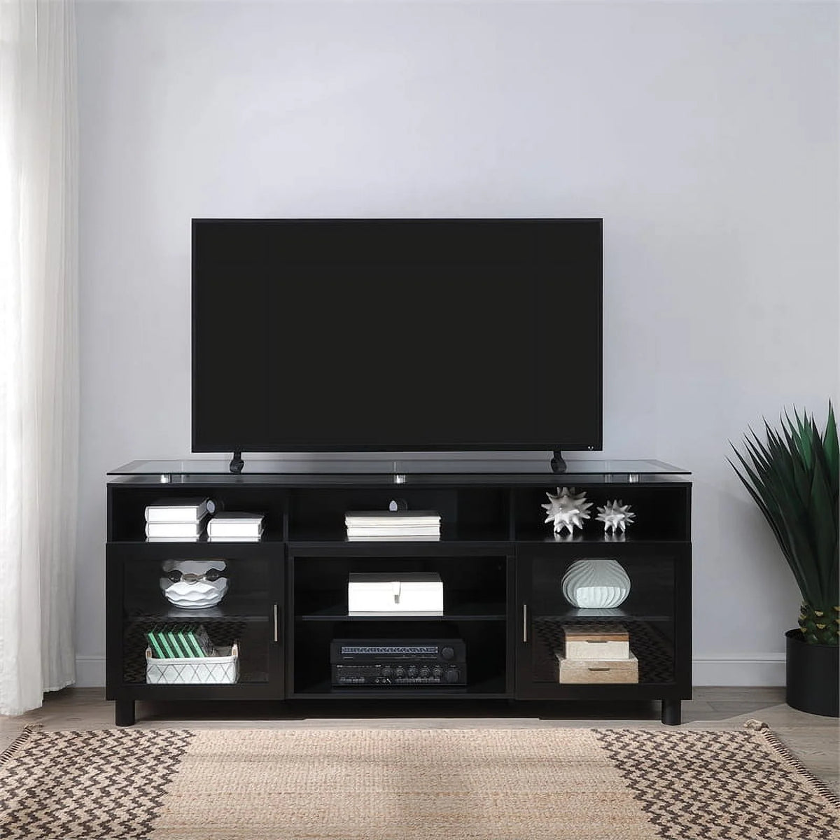 72" Black Engineered Wood TV Stand with Tempered Glass R15181