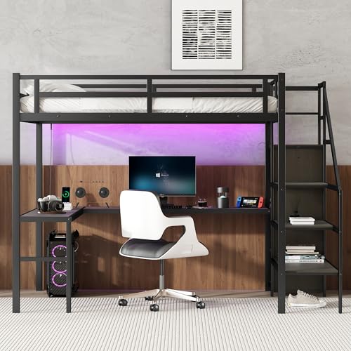 Full XL Size Black Metal Loft Bed with L-Shaped Desk and Stairs Z400612