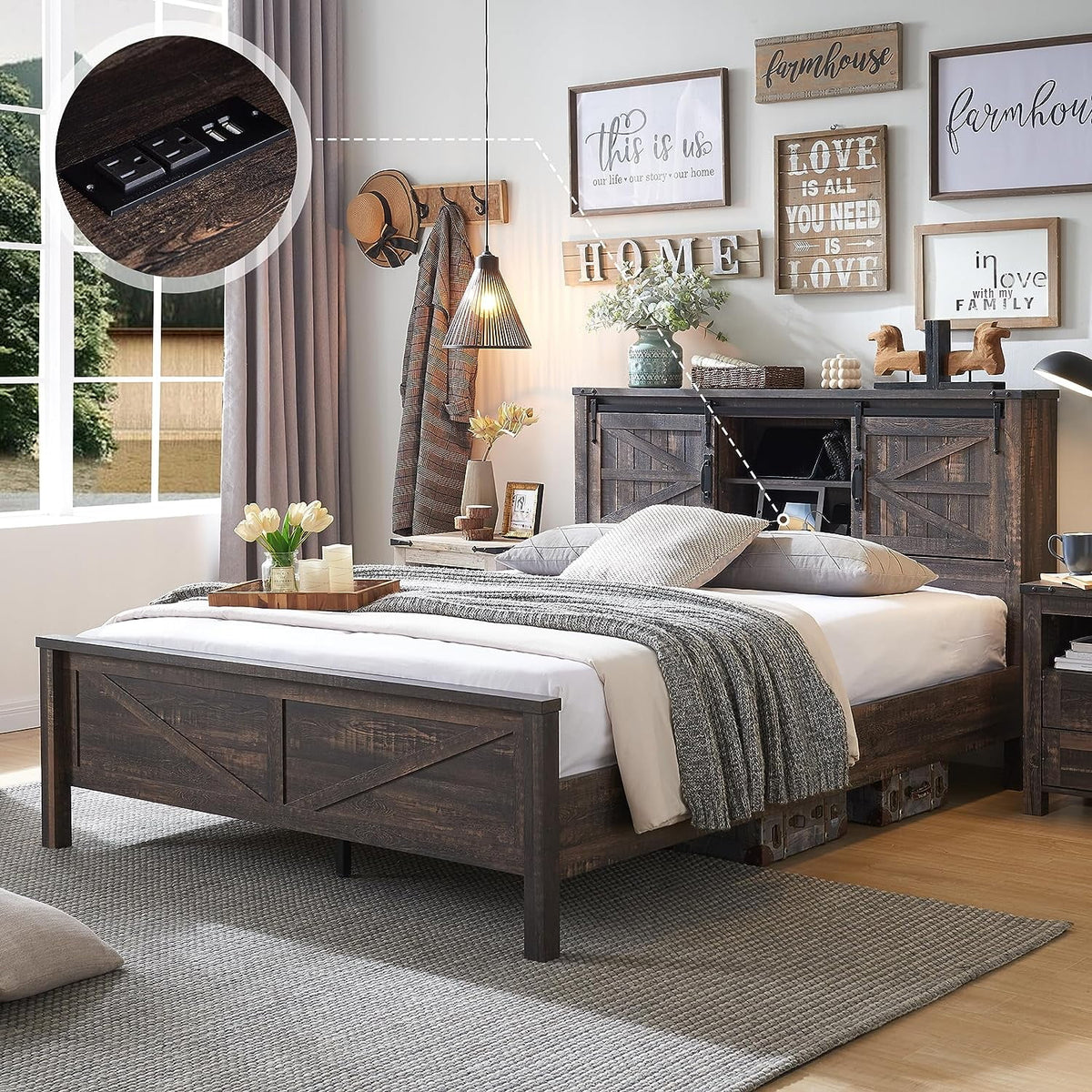 Full Platform Bed with Bookcase Headboard and Charging Station U1933
