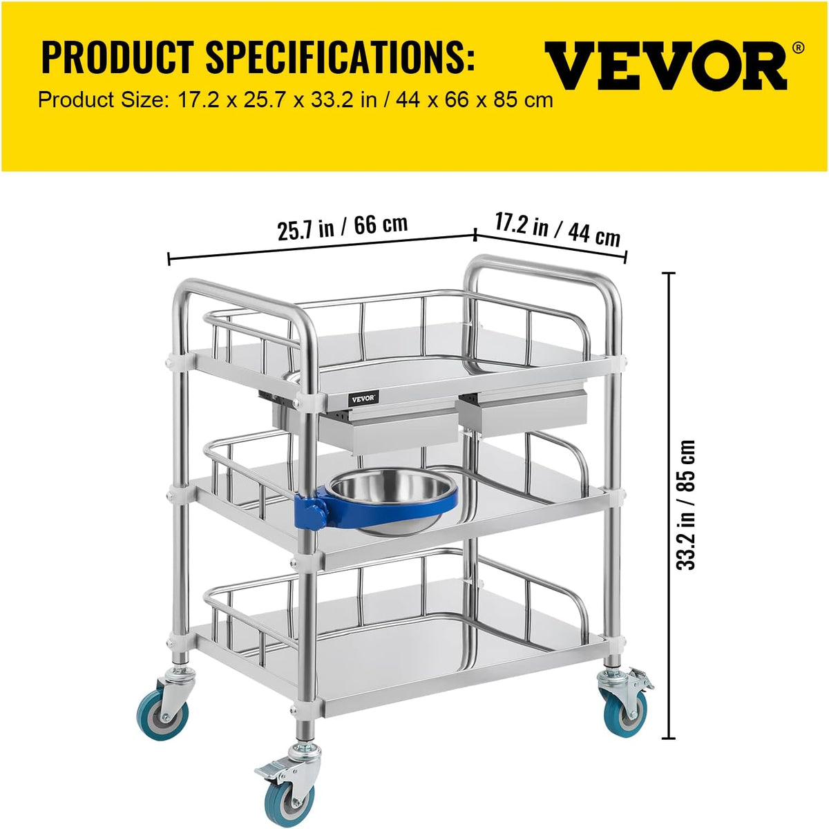3 Layer Stainless Steel Lab Cart with Drawers W748497