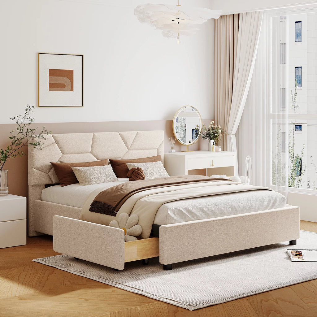 Beige Queen Linen Fabric Upholstered Storage Bed Frame with 4 Drawers R579
