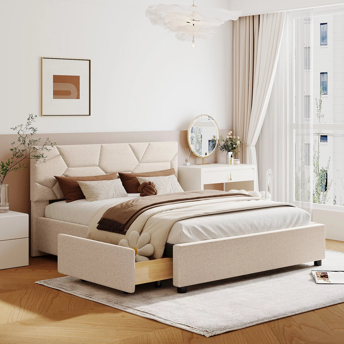 Beige Queen Linen Fabric Upholstered Storage Bed Frame with 4 Drawers R579