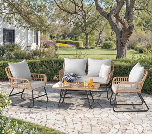 4 Piece Wicker Patio Furniture Set with Removable Cushion D232