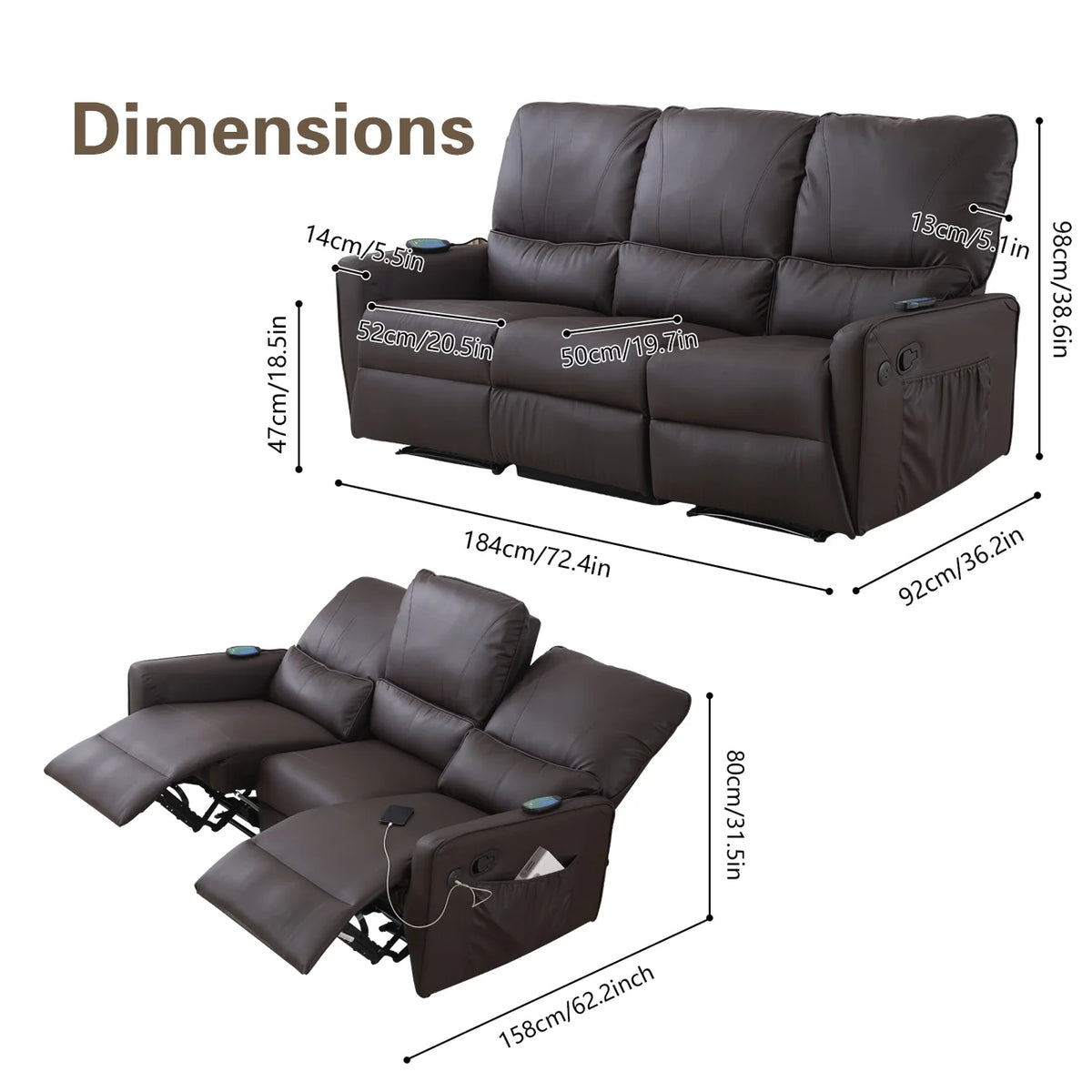 Brown 3 Seater Power Recliner with Massage and Heat I3282