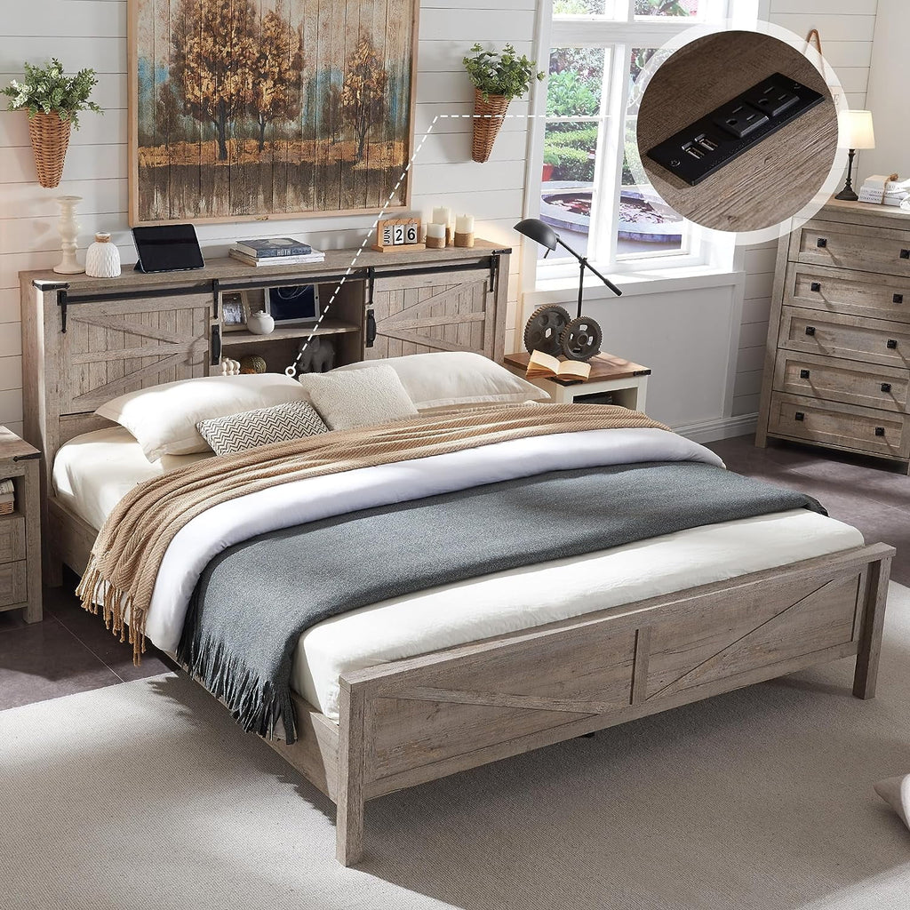 Full Platform Bed with Bookcase Headboard and Charging Station U1933
