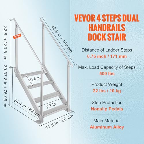 4 Steps 500lbs Adjustable Aluminum Dock Stairs with Handrails L116579