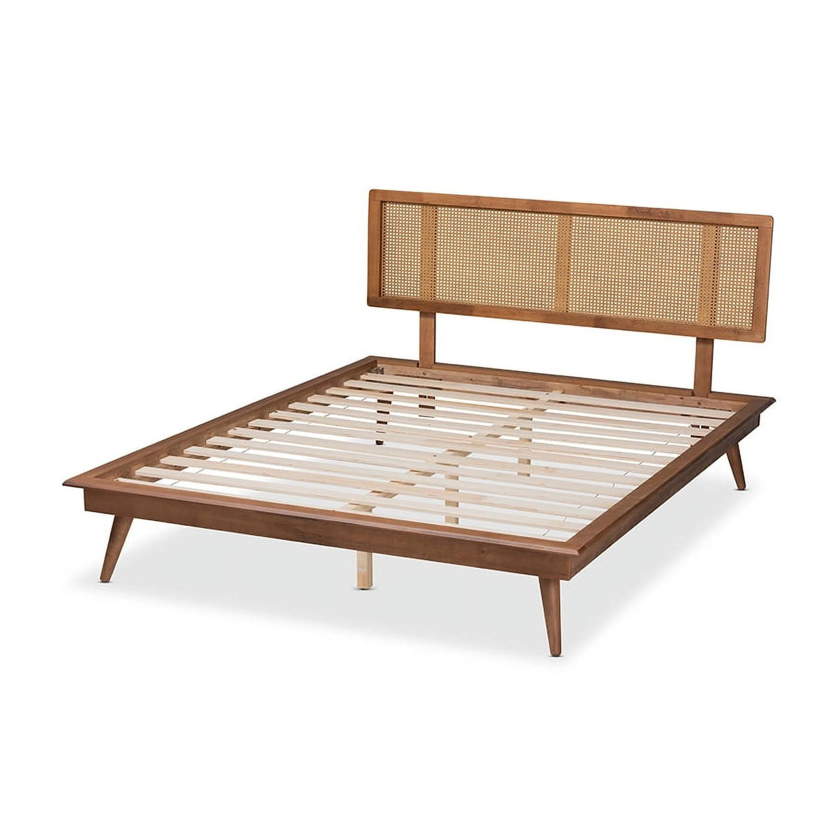 Walnut Brown Wood and Synthetic Rattan Full Size Platform Bed J326