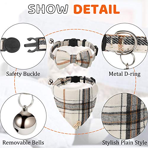 4 Pieces Breakaway Cat Collar Bandana with Plaid Scarf and Bowtie Bell F918535