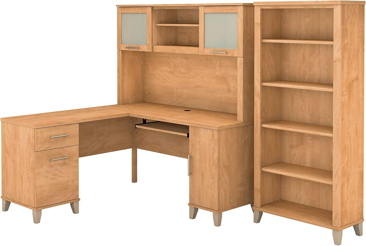 L Shaped Desk with Hutch and 5 Shelf Bookcase S6983