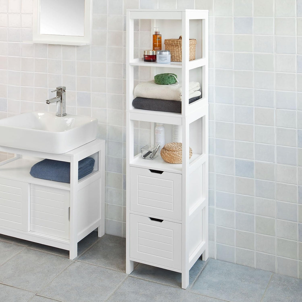 White Floor Standing Bathroom Storage Cabinet with Shelves and Door P9154