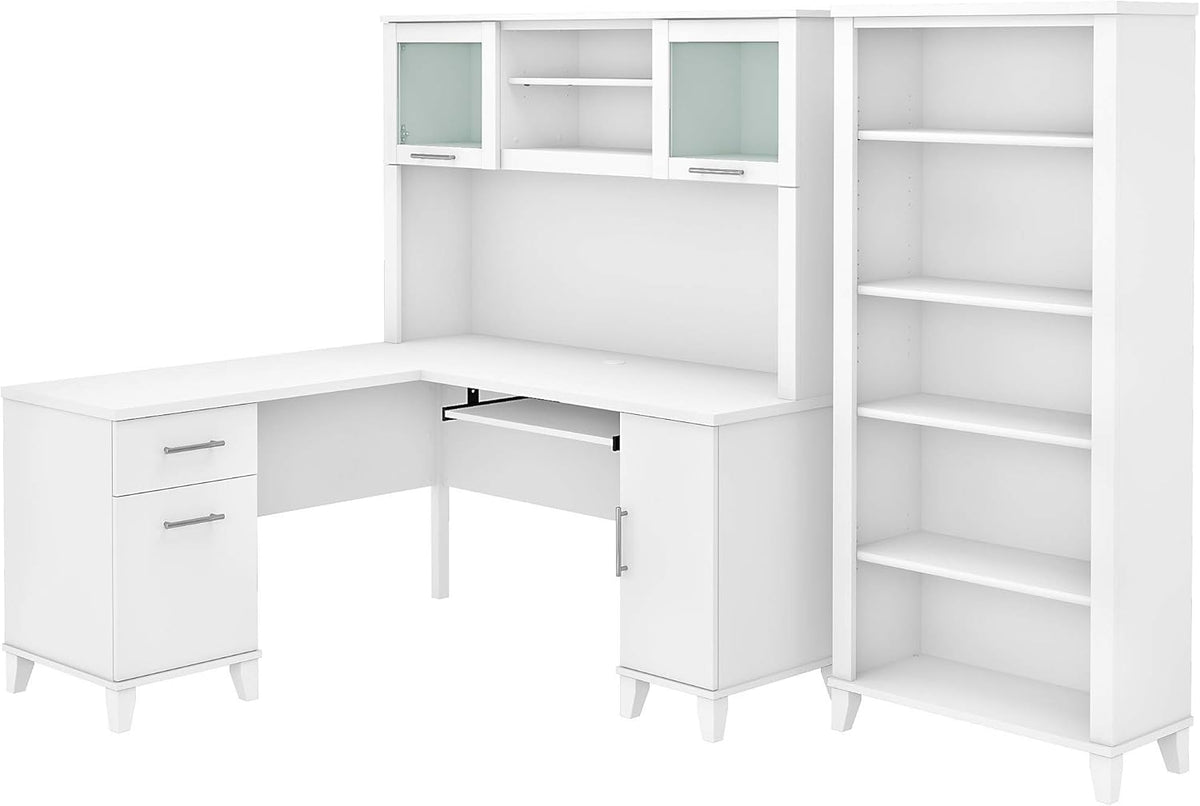 L Shaped Desk with Hutch and 5 Shelf Bookcase S6983