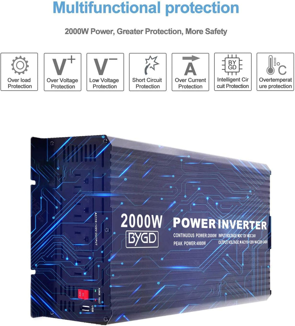 2000W Power Inverter 12V to 110V Modified Sine Wave with 4 AC Outlets L783