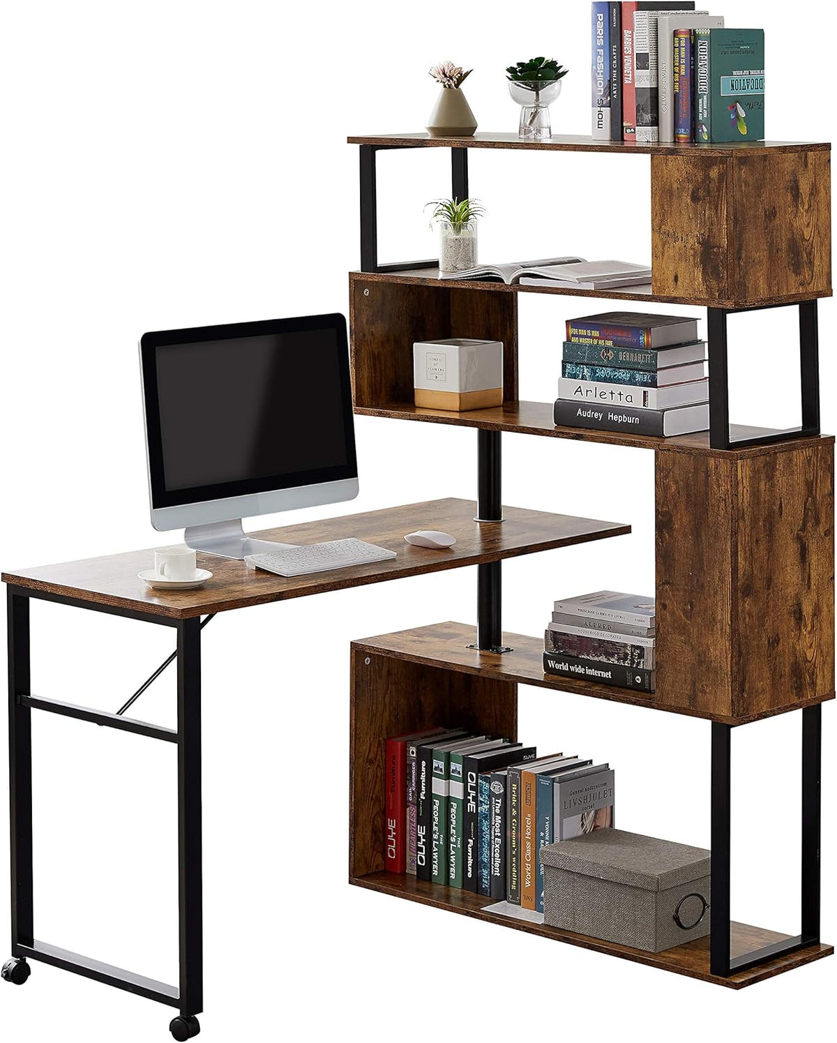 L-Shaped Rotating Computer Desk with Lockable Casters H3407