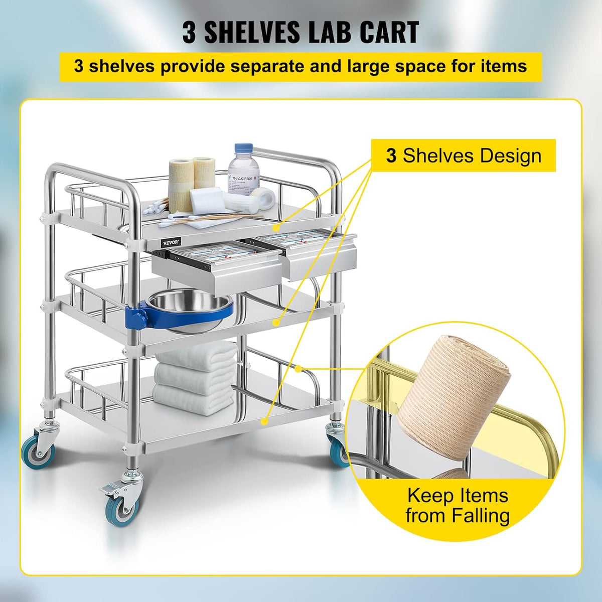 3 Layer Stainless Steel Lab Cart with Drawers W748497