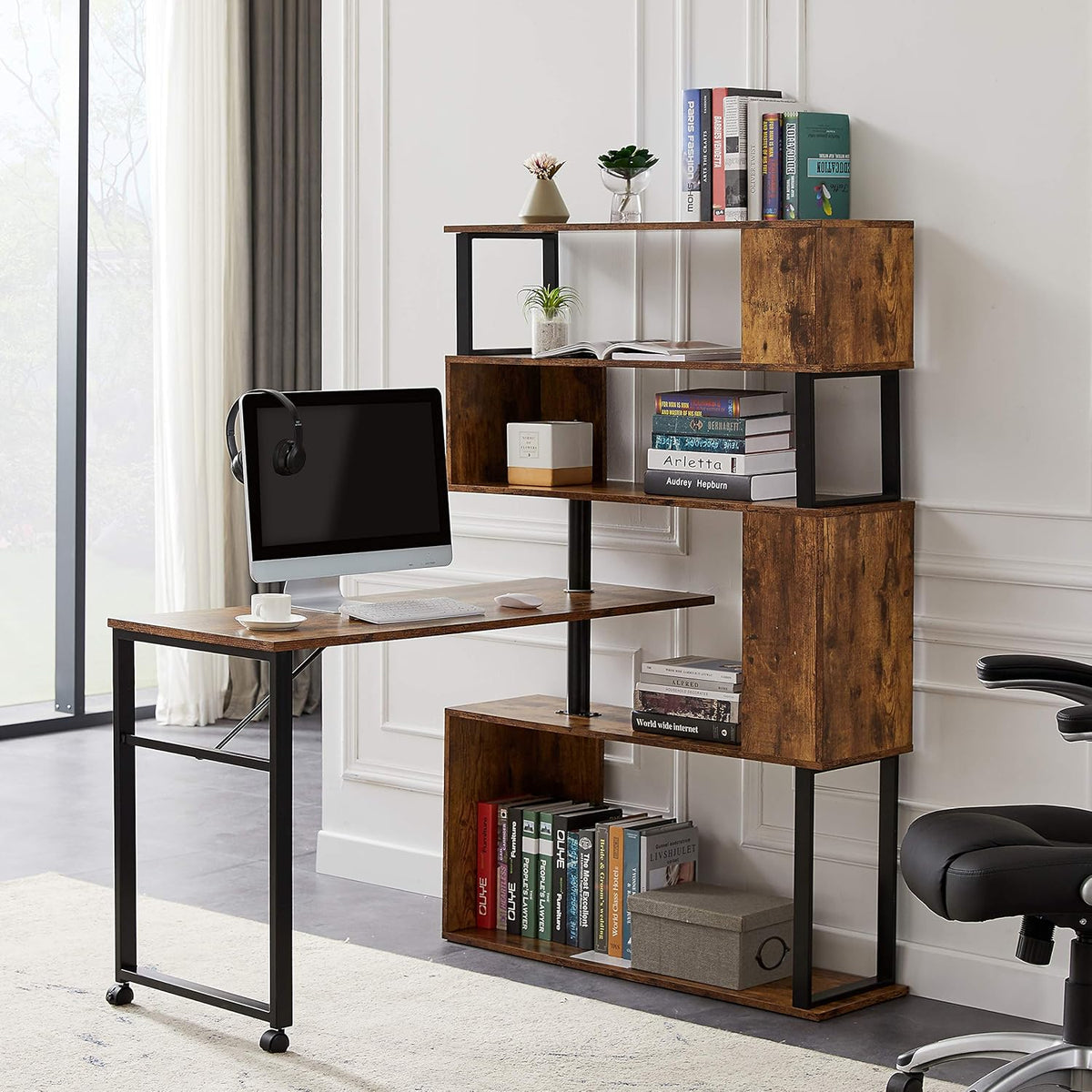 L-Shaped Rotating Computer Desk with Lockable Casters H3407