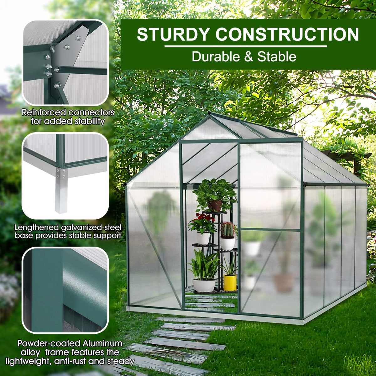 Polycarbonate Greenhouse with Sliding Door 8' x 6' N2338