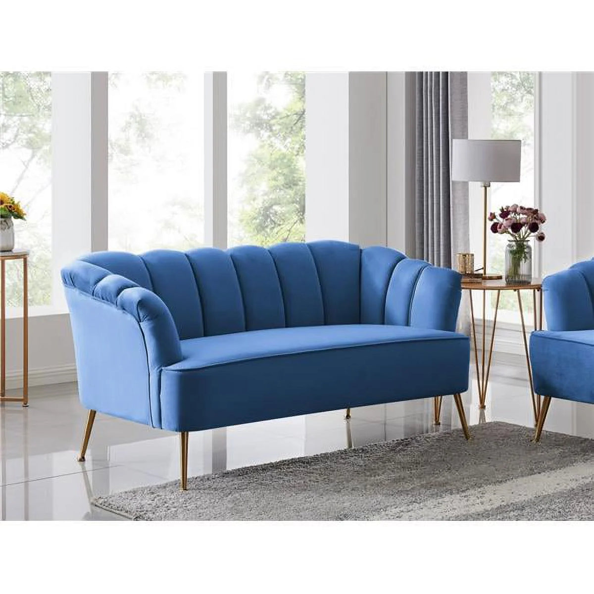 Navy Velvet Upholstered Love Seat with Gold Tone Metal Legs Y45959