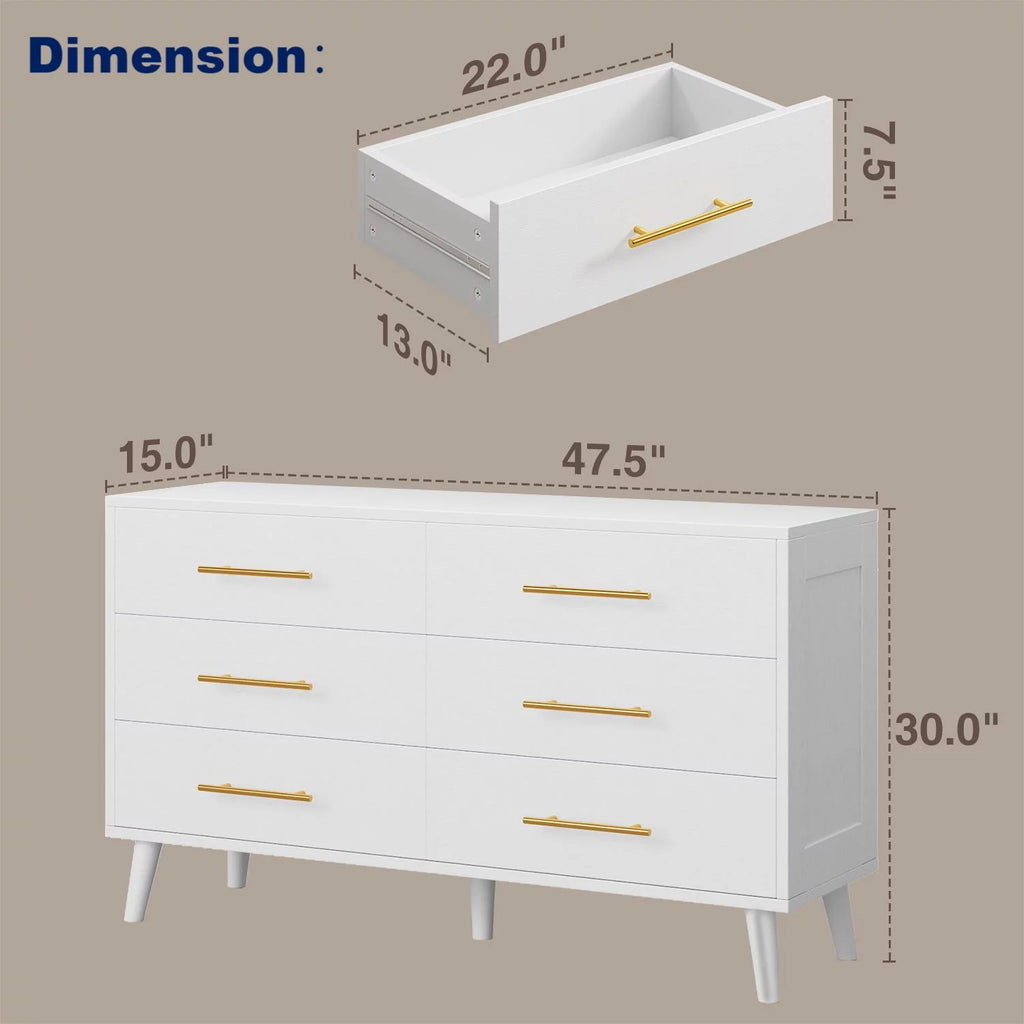 White 6 Drawer Dresser with Gold Handles A991735