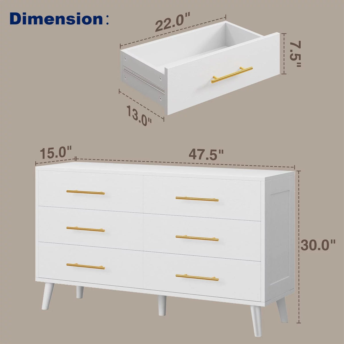 White 6 Drawer Dresser with Gold Handles A991735