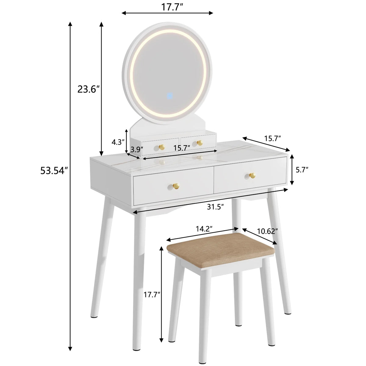 White Vanity Table with Lighted Mirror, Stool and 4 Drawers T4159