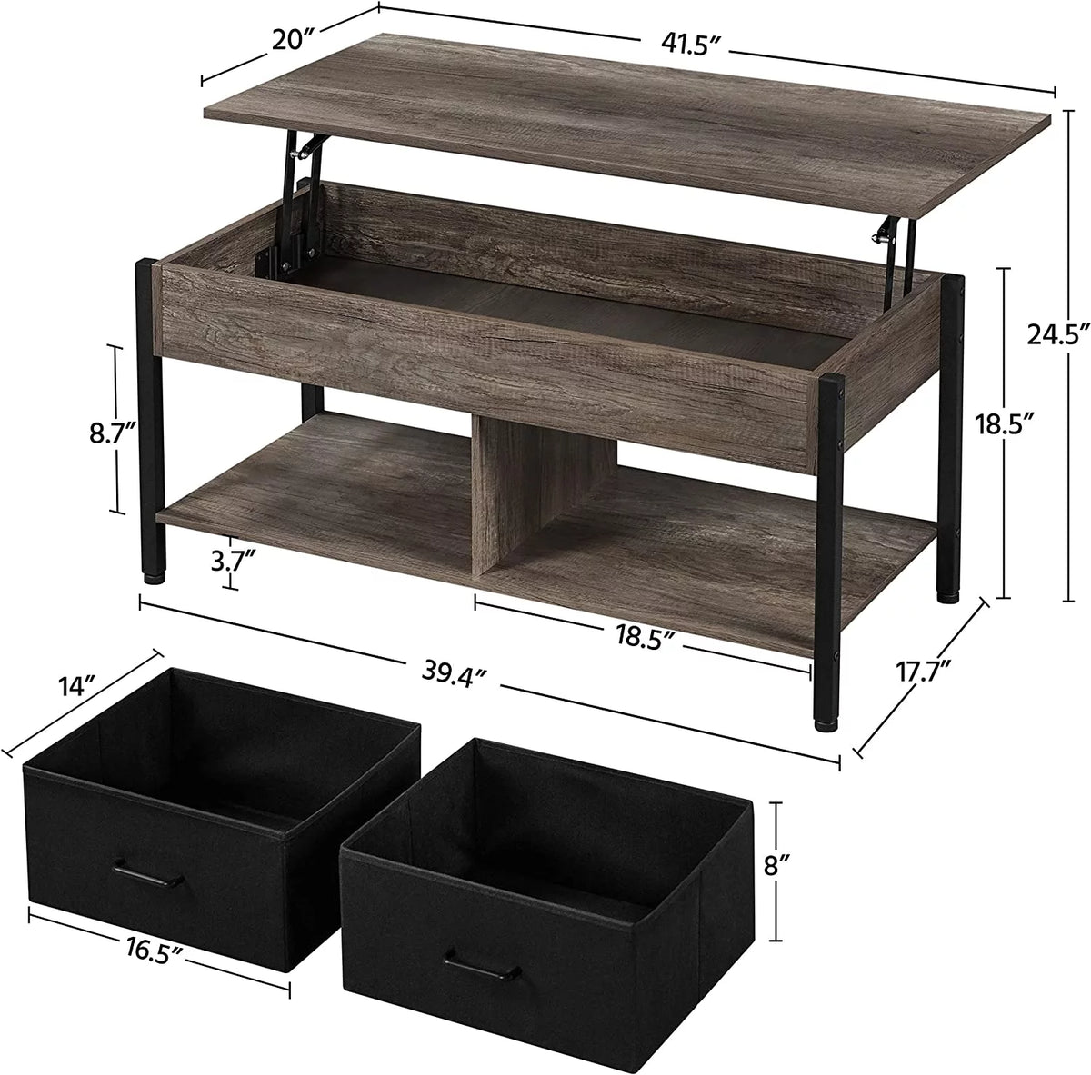 41 Inch Lift Top Coffee Table with Hidden Storage and 2 Fabric Baskets Q4144