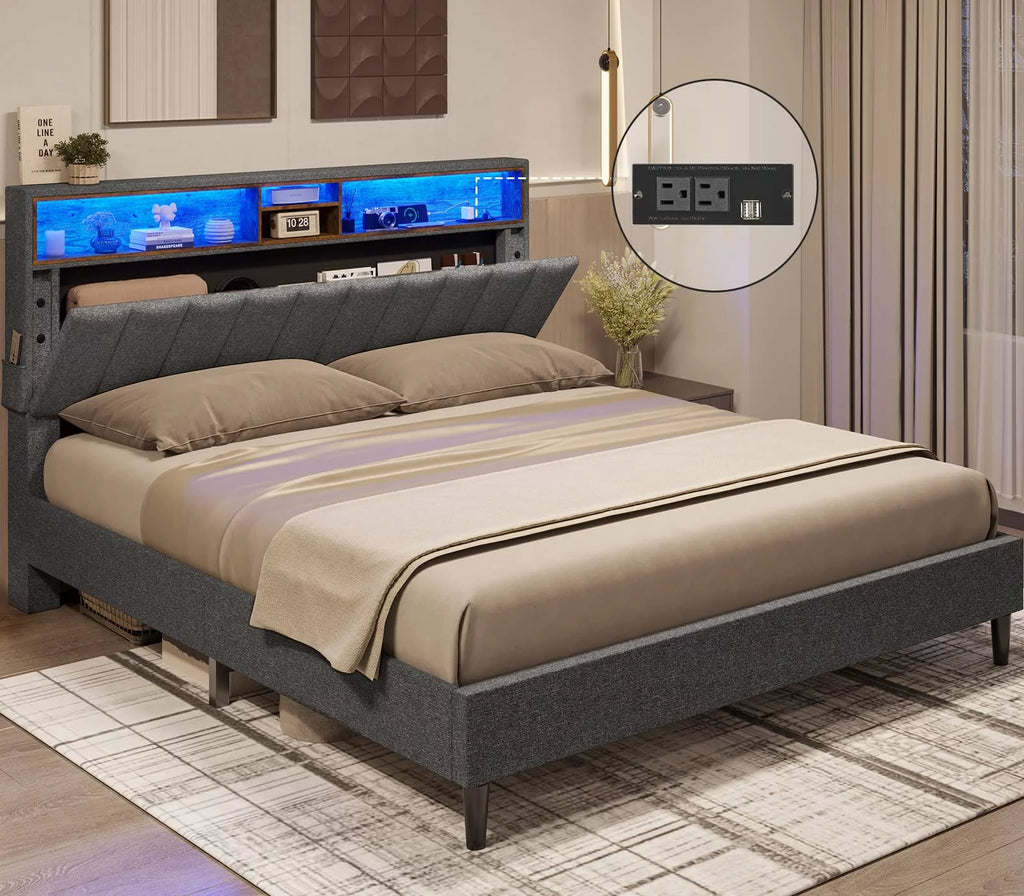 Queen Size LED Bed Frame with Outlet and USB Ports D1167