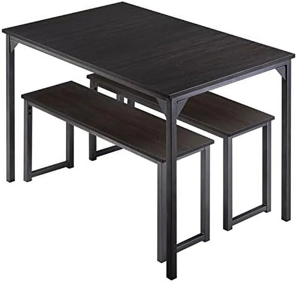 45" Dining Table Set for 4, 3-Pieces with Benches, Metal Frame and Wood Board, Brown L4600