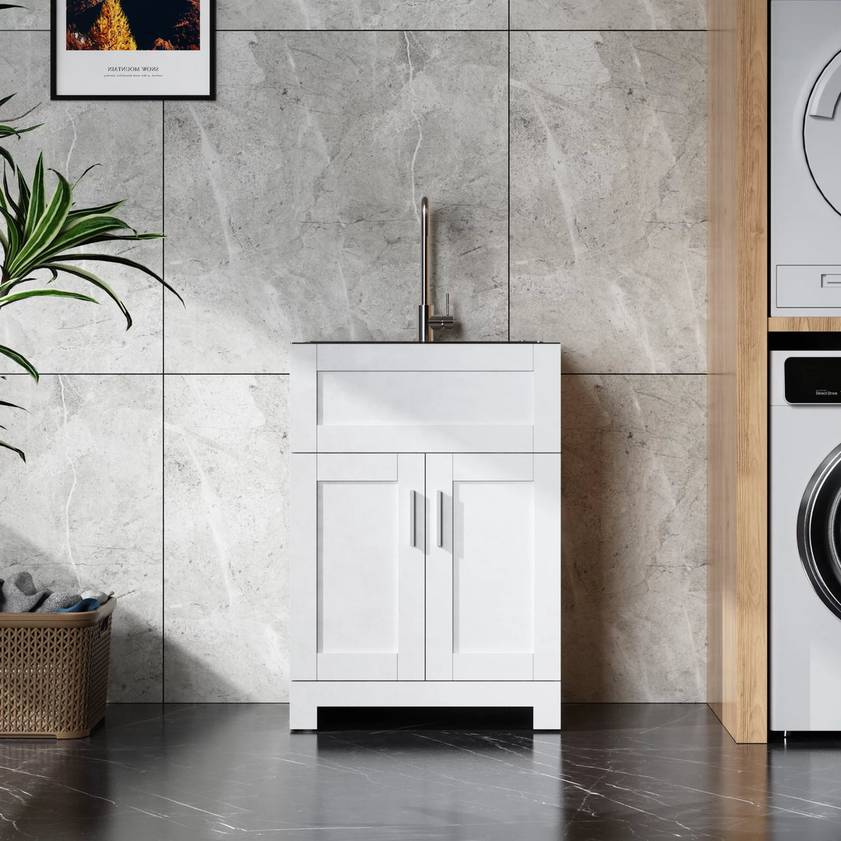 24in White Laundry Tub Cabinet with Stainless Steel Combo P925