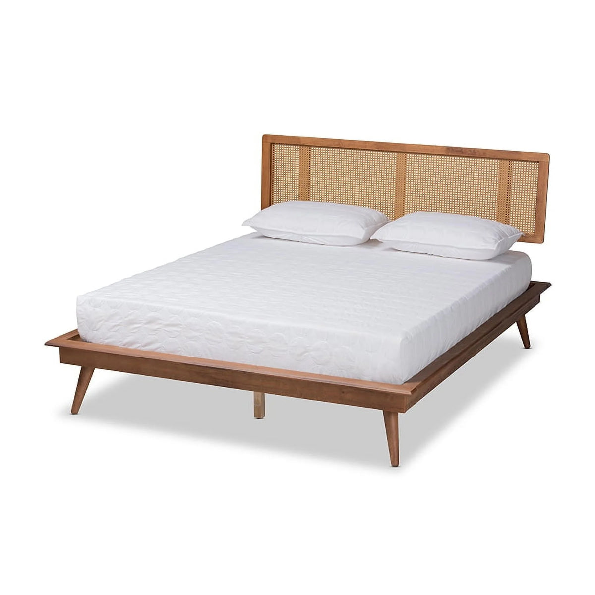 Walnut Brown Wood and Synthetic Rattan Full Size Platform Bed J326