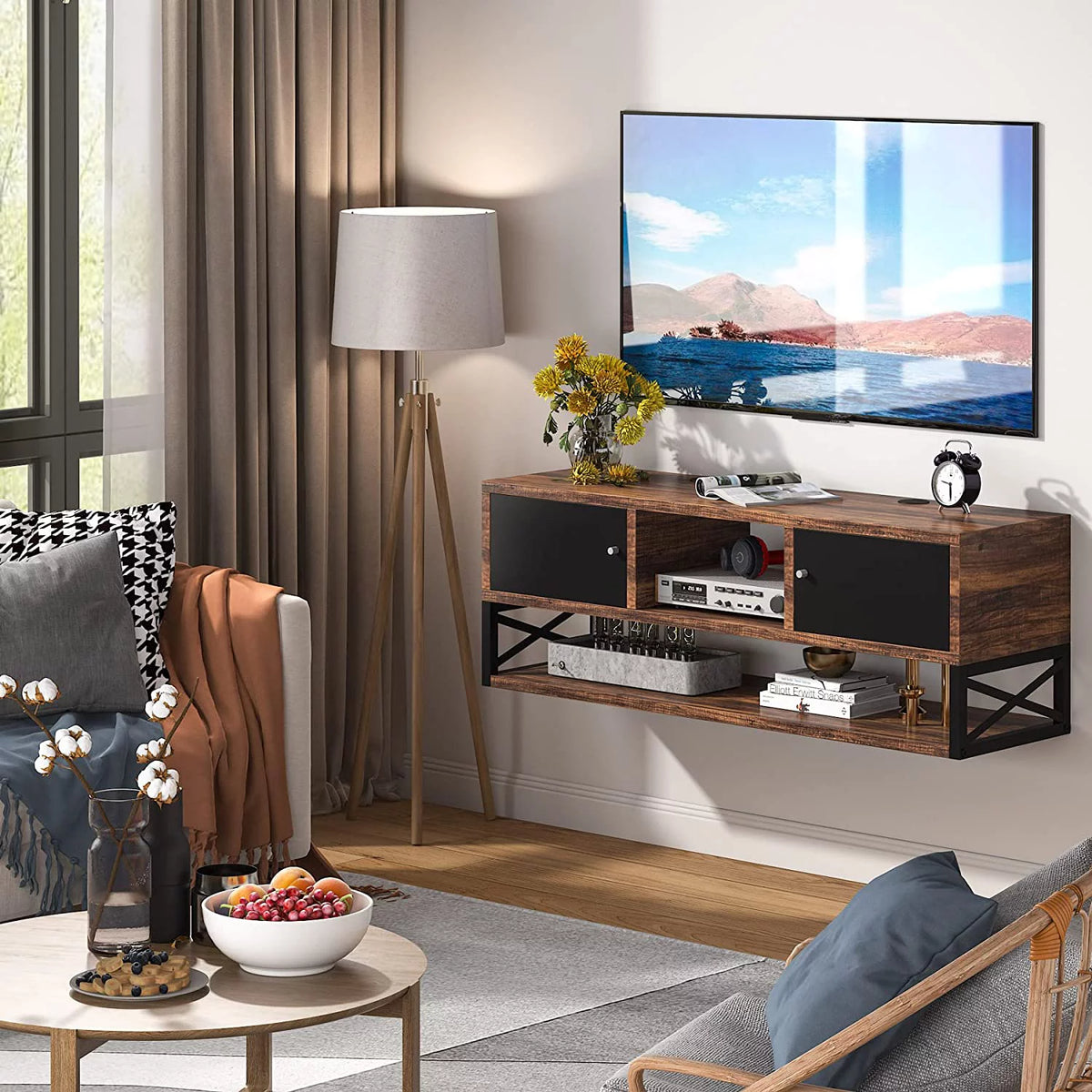 3 Tier Wall Mounted Media Console with Doors Storage S8900