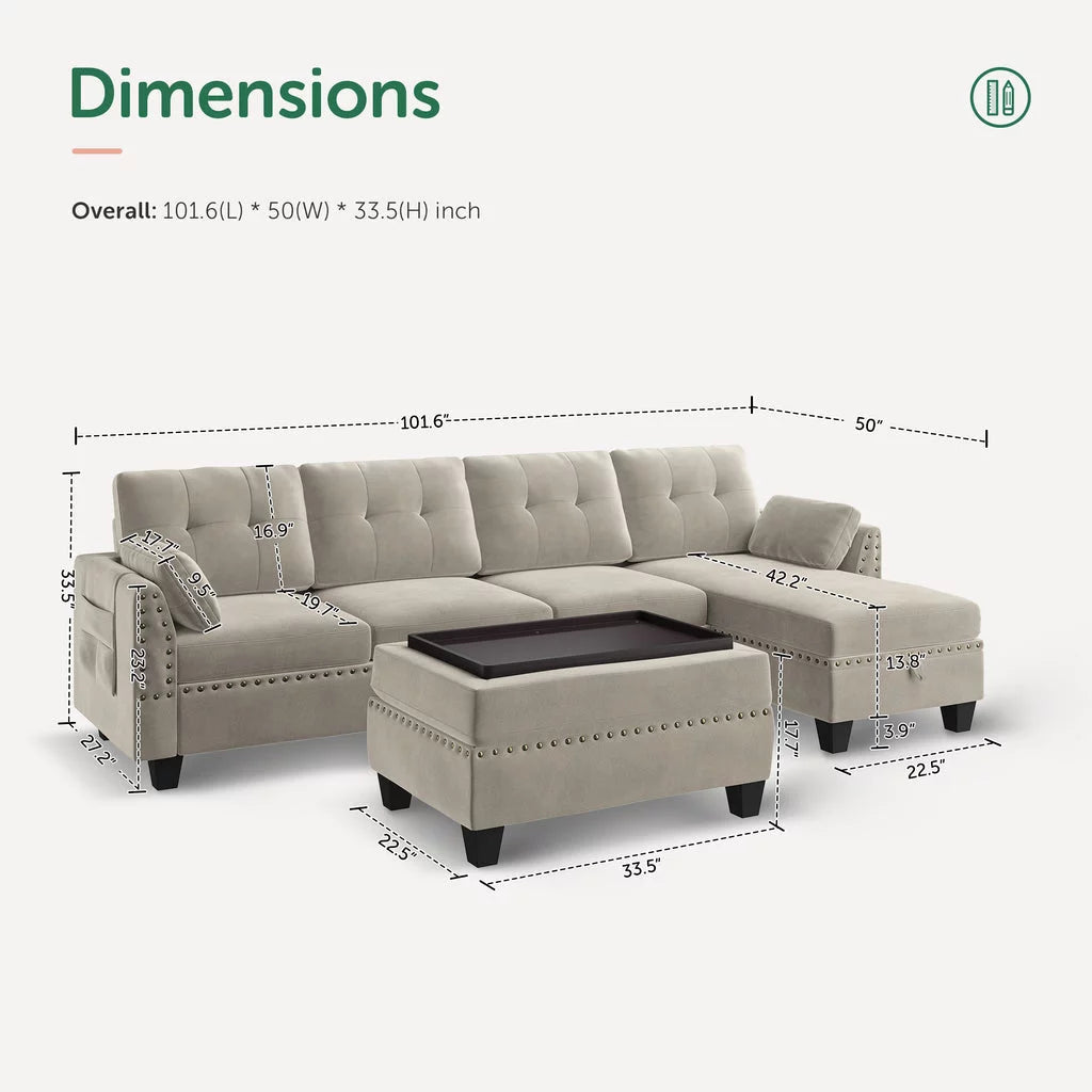 Velvet L-Shaped Sectional Sofa with Ottoman Y832791