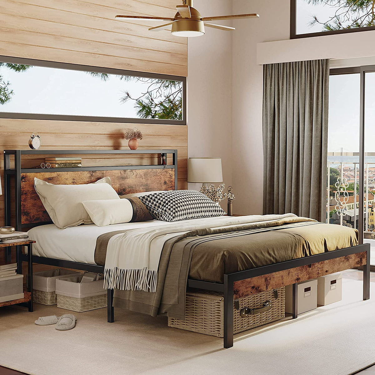 Queen Bed Frame with Industrial Headboard T535