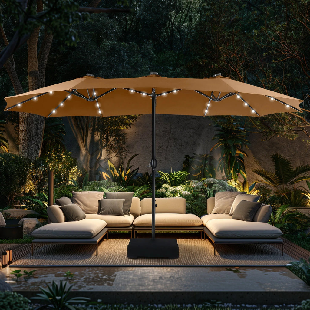 15ft Double-Sided Patio Umbrella with Solar Lights & Base U71371