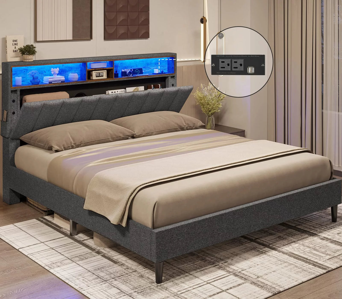 Queen Size LED Bed Frame with Outlet and USB Ports D1167